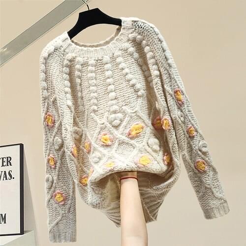 Handmade Embroidery Three-Dimensional Daisy Flower Pullover Sweater Women Autumn Winter New Loose Fashion Knit Top Lady Jumper