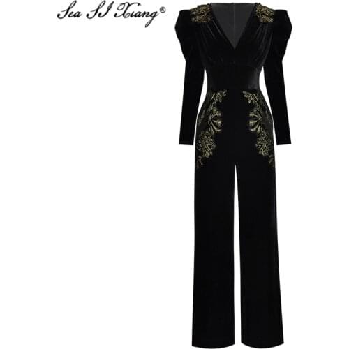 Seasixiang Fashion Designer Spring Velvet Jumpsuits V-neck Puff Sleeve Gold Line Embroidery Vintage Jumpsuits