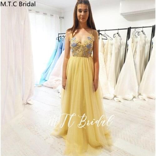 Elegant Golden Long Evening Dress Chic Lace Backless Spaghetti Straps Sexy 2020 Women Dress For Party Customize Robe De Soiree