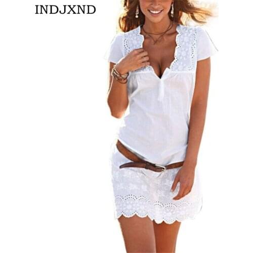 INDJXND New Arrival Sring Evening Party Hollow Out Beach Dress Womens Boho Short Sleeve White Mini Dress Party Dresses Vestidos