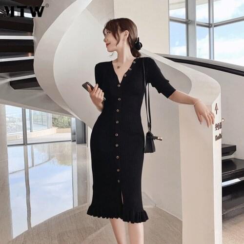 Autumn Winter Knitted Dress Women Slim V Neck Half Sleeve Office Dress 2020 Elegant Chic Party Dresses Vestidos