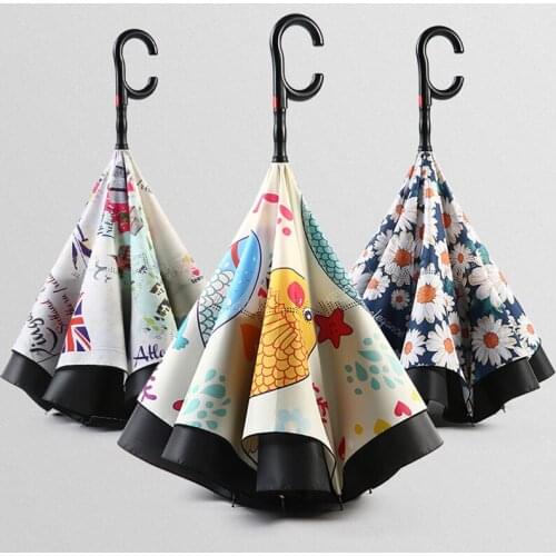C-Hook Handle Reverse Umbrella Double Layer UV Protection Windproof Car Umbrella For Woman Semi-auto Inverted Umbrella Men