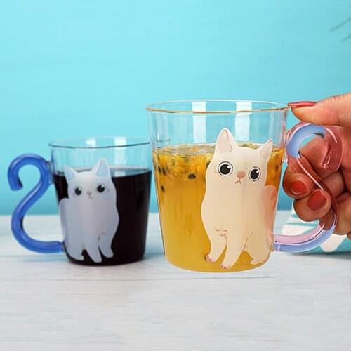 1Pcs 350mL Cute Cat Coffee Glass Mug with Kitten Tail Handle Creative Cartoon Animal Milk Juice Water Glass Cup Gifts for Lovers