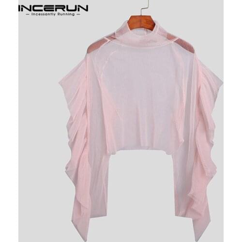 2021 Men Mesh T Shirt Ruffle See Through Streetwear Turtleneck Long Sleeve Sexy Camisetas Party Nightclub Men Clothing INCERUN