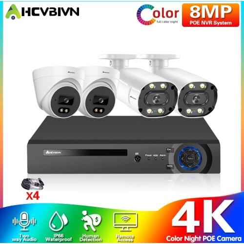 4CH 8MP Ultra HD CCTV NVR System Color Night Vision Security Camera kit 4K POE NVR H.265 Dome Two way Audio Surveillance Camera