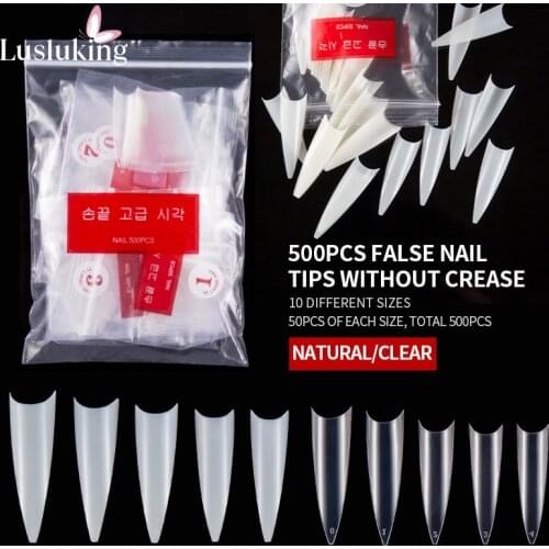 500Pcs Stiletto Clear Natural False Nail Tips 10 Sizes Tools Artificial Nails Salon Half Cover