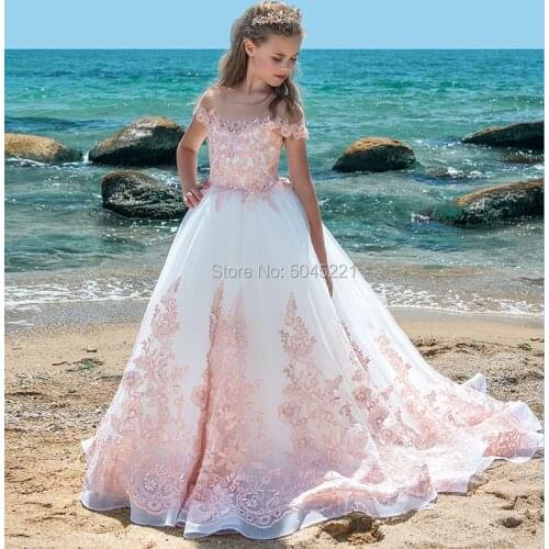 Pink Ball Gown Flower Girl Dresses For Wedding 2019 Vestido De deminha Lace Beading First Communion Dress Long Train Party Gowns