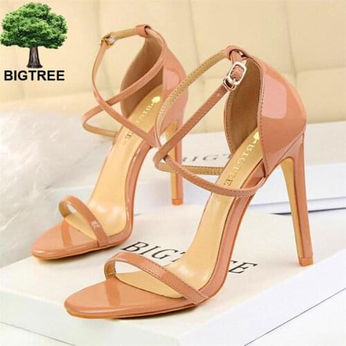 BIGTREE Sexy Cross-Strap Buckle Womens Party Sandals Summer Solid Patent Leather Open Toe Concise 11cm High Heels Shoes Woman