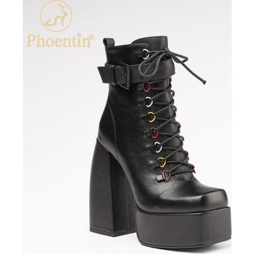 Phoentin womens chunky heel retro Genunine leather zipper short boot Black Platform fashion super high-heels ankle boots FT1662