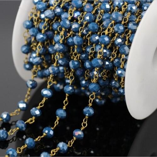 5Meter Gold Plated Wire Wrapped Brass Dark Blue Glass Bead Rosary Chain,Blue Jade Crystal Quartz Faceted Rondelle Chain Necklace