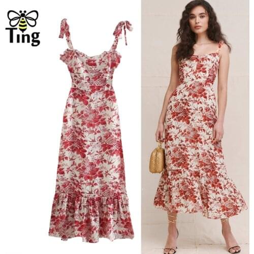 Tingfly Vintage Elegant Strap Tie Up Floral Print Bohemian Chic Dress Vacation Beach Ruched Midi Long Dresses Frocks for Lady Za