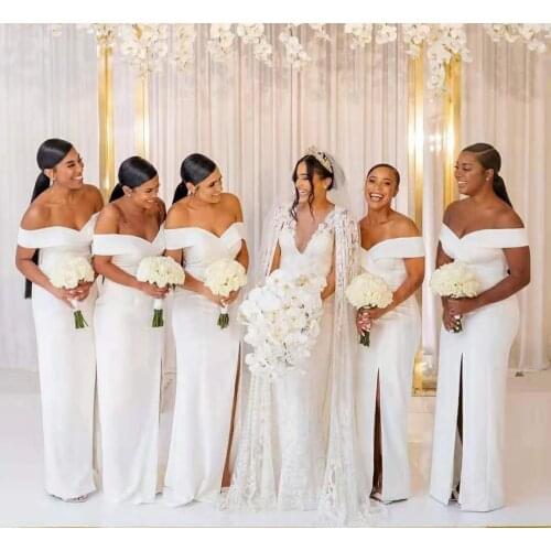 Long V-Neck Sheath Satin Bridesmaid Dresses with Slit Floor Length Corset Back Ivory Brautkleider Robes de Soirée for Lady