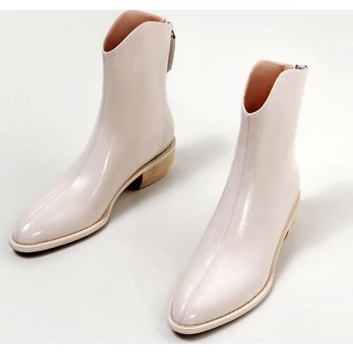 Donna-in 2021 White Western Boots for Women Concise Genuine Leather Block Heels Back Zipper Ankle Boots Cossack Female Shoes