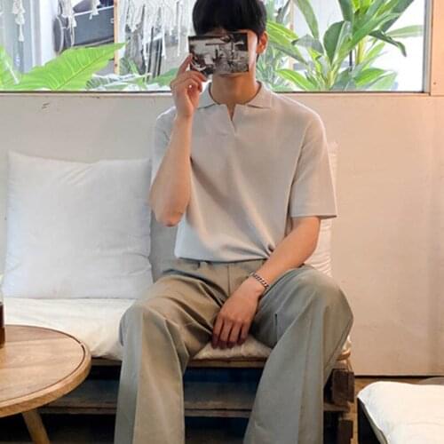 Lapel Knitting Short Sleeve T-shirt Mens Loose Simple Solid Slim Tops Man Korean Fashion Casual Black T-shirts Men Summer 2021