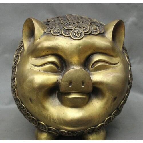 China Bronze Wealth Coin Zodiac Happy Swine Pig Statue Piggy Bank Money Box Jar