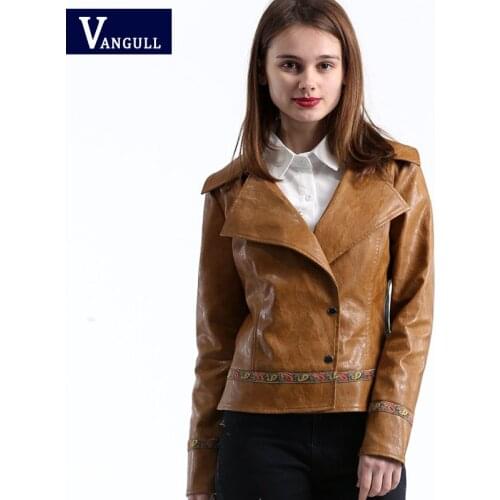 Vangull Casual Embroidery faux leather coat 2019 New Girl Motorcycle leather jacket women Fashion cool outerwear Street jackets