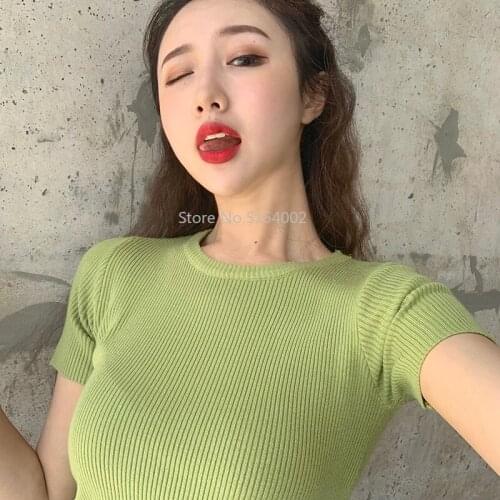 10 Colors Summer Tops Girls 2021 Korean Style Solid Color Slim Short-sleeve Knit T-shirts Womens Tee Shirt Femme