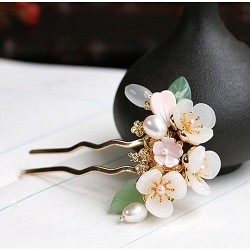 Copper Freshwater Pearl Flower Chinese Hairpin Hair Pins Gem Stone Hair Pin Wedding Hair Accessories Pince Cheveux WIGO1359
