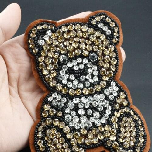 Crystal RhinestoneBlack Gold Cute Bear Embroidery Patch Big Iron-on DIY Badges Fabric Stickers on Clothes Jacket
