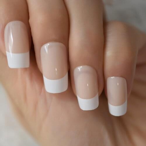 Natural Nude Square French Nail Medium Size White Tip Classical Faux Ongles Round Smile Line Manicure Tips with Glue Sticker