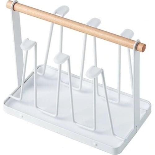 Nordic Iron Cup Drying Rack Metal Mug Stand Shelf with Tray and Wooden Handle Kitchen Home Bottle Wine Glass Organizer