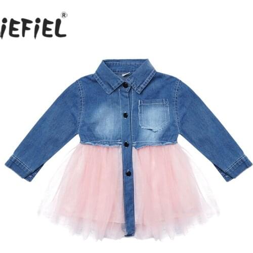 2020 New Autumn Dress Baby Clothing Girls Denim Patchwork Stitching Baby Girl Dresses Party Wedding Tulle Mesh Princess Dress