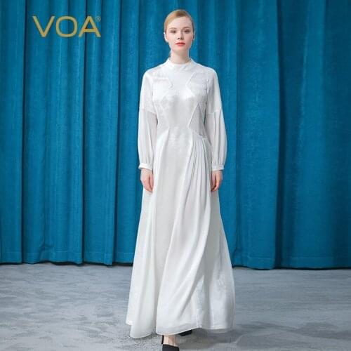 VOA Silk Satin Jacquard 32m/m Heavy Half-height Collar Shoulder Long Sleeve Stitching Tucker Pleat Big Pendulum Dress AE757