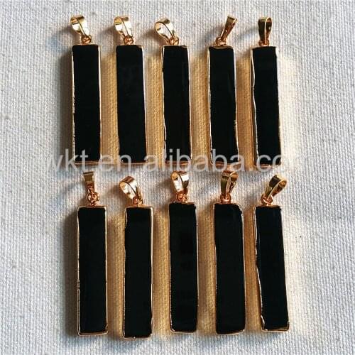 WT-P946 Wholesale Natural black bar a gate pendant with 24k gold trim fashion long rectangle black stone bar pendant 9*40mm