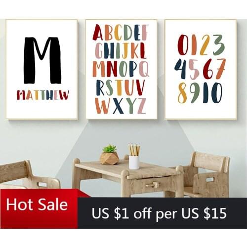 Boys Custom Name Poster Education Alphabet Number Nursery Prints Art Canvas Painting Wall Decor Pictures Baby Kids Room Decor