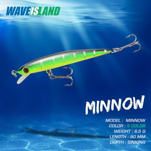 WAVEISLAND 2021 Minnow Baits Fishing Lure Slowly Floating Topwater Lures 9cm 6.5g Mino Pesca Saltwater Bait Metal Double Hooks