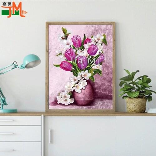 Pink Tulip, White Plum 5D Diy Diamond Painting Cross Stitch Diamond Mosaic Embroidery Flower Still Life Landscape Round Kits