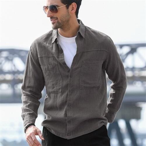 Fashion Clothing Mens Solid Color Long Sleeve Tooling Dragon Shirts 2021 Autumn New Men Button Up Linen Shirt Chemise Homme Man