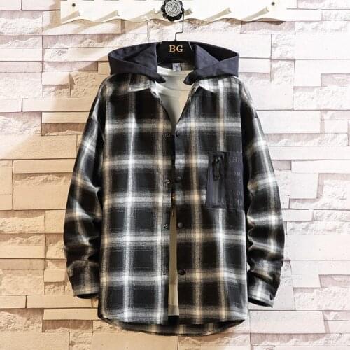 Plaid Men Long Sleeve Shirt Loose Japanese Streetwear Fashion 2020 Casual Shirts With Hoodied Plus Asian Size M-5XL