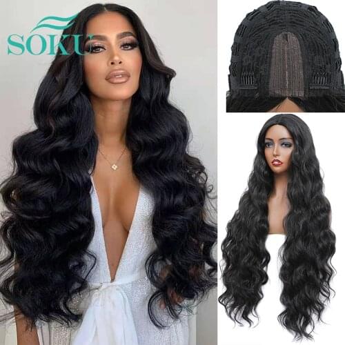 Synthetic Lace Wig Black Color Long Soft Wavy Hair 34 inches SOKU Middle Part Heat Resist Ombre Purple Lace Wig For Black Women
