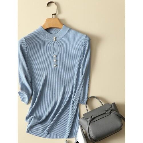 Knitted Elastic Women T-Shirts Summer New Design Beaded Hollow Out Slim Office Lady Elegant Pulls Tops Tees