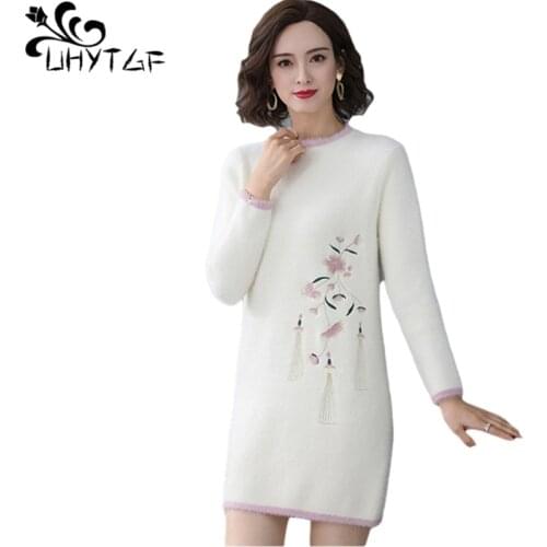 UHYTGF Mink Fleece Autumn Winter Sweaters Womens Fashion Embroidery Tops Female Long-Sleeved Pullover Warm Bottoming Shirt 1899
