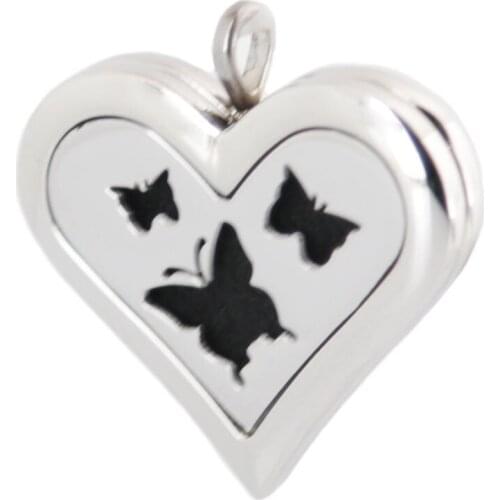 Amya Jewelry 36mm Heart Butterfly Aromatherapy Essential Oils Stainless Steel Perfume Diffuser Locket Necklace with chain Pads