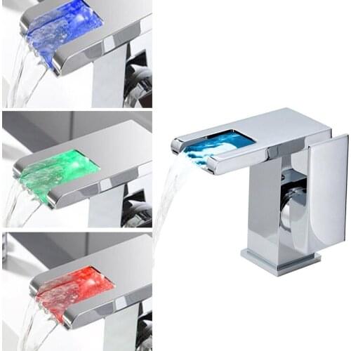 Waterfall Vanity Faucet LED 3 Colors Basin Sink Luminous Hot and Cold Water Faucet Mixer Tap for Bathroom Toilet Kitchen Faucet