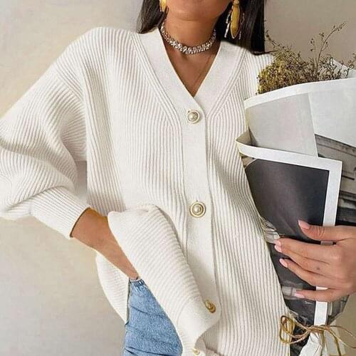 2021 European American Autumn New Sweater Coat Womens Pure Color Casual Cardigan Loose Knit Buttoned Cardigan Long Sleeve