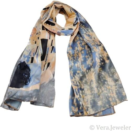 Womens 100% Silk scarf Long Pure Silk Scarfs Oil Painting Works Printing Gustav Klimts "The Kiss"Grey