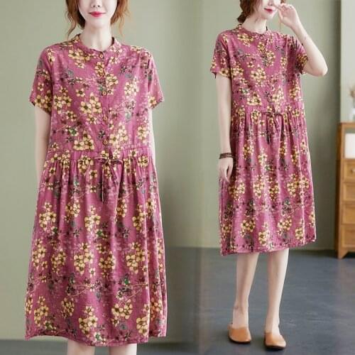 2021 New Cotton Linen Print Floral Prairie Chic Vintage Dress Draw String Fashion Women Summer Dress Office Lady Work Dress