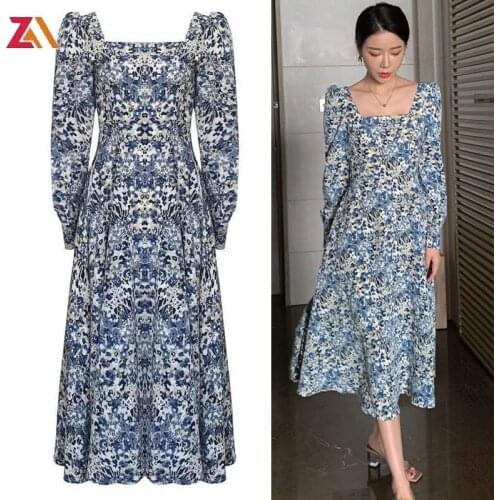 ZALady french vintage floral printed midi long dresses for women traf autumn square collar blue beach holiday elegant dress robe