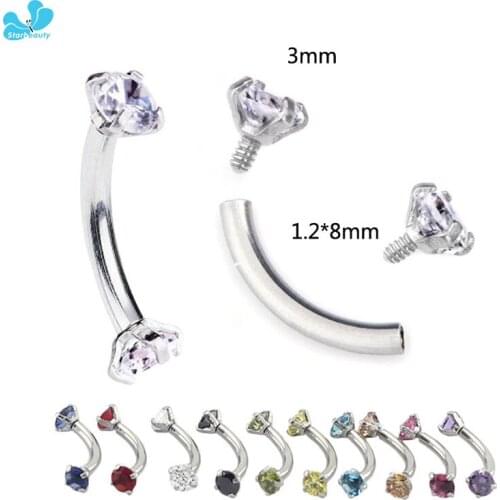 2Pcs 1.2*8mm Cubic Zircon Stainless Steel Eyebrow Ring Body Jewelry Curved Barbell Piercing Tragus Earring Internally Thread