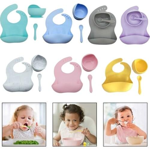 3 Pcs Baby Bibs+Suction Dish Bowl Plate+Spoon Set Waterproof Food Grade Silicone Newborn Infants Drooling Burp Aprons