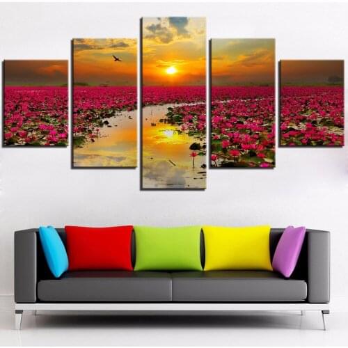 5 Pieces Flowers Canvas Painting Rmantic Pink Plants Wallpapers Stream Lake Poster Bird And Sunset Pic Landscape Home Room Decor