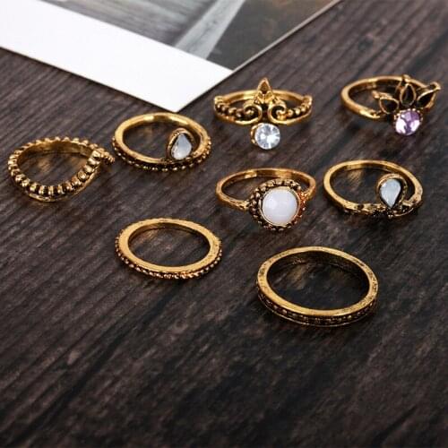 8 Pcs/Set Vintage Clear White Pink Faceted Crystal Special Designed Antique Silver Plated Golden Midi Rings For Women