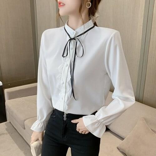 Shirt womens new 2020 autumn French design sense lace-up bow tie stand-up collar trumpet sleeve top thin blouse