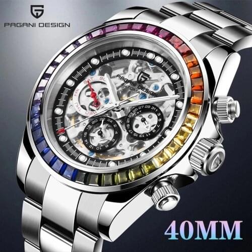 PAGANI DESIGN Brand Fashion Watches 100M Waterproof Mechanical Skeleton Dial Men Watches Stainless Steel Rainbow Circle Watches