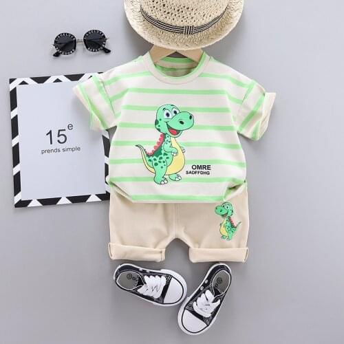 Childrens 0-4 years old childrens Summer Boys' T-shirt cartoon dinosaur stripe Casual Short Sleeve shorts suit