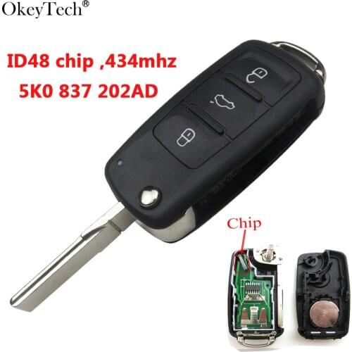 Okeytech Remote Key 434Mhz ID48 Chip 5K0837202AD 3 Buttons For VW Volkswagen GOLF PASSAT Tiguan Polo Jetta Beetle Hella